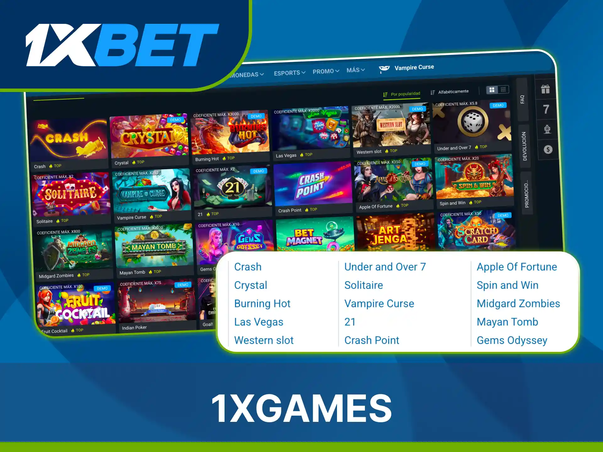 Explora el catálogo de títulos exclusivos desarrollados para 1xBet Casino.