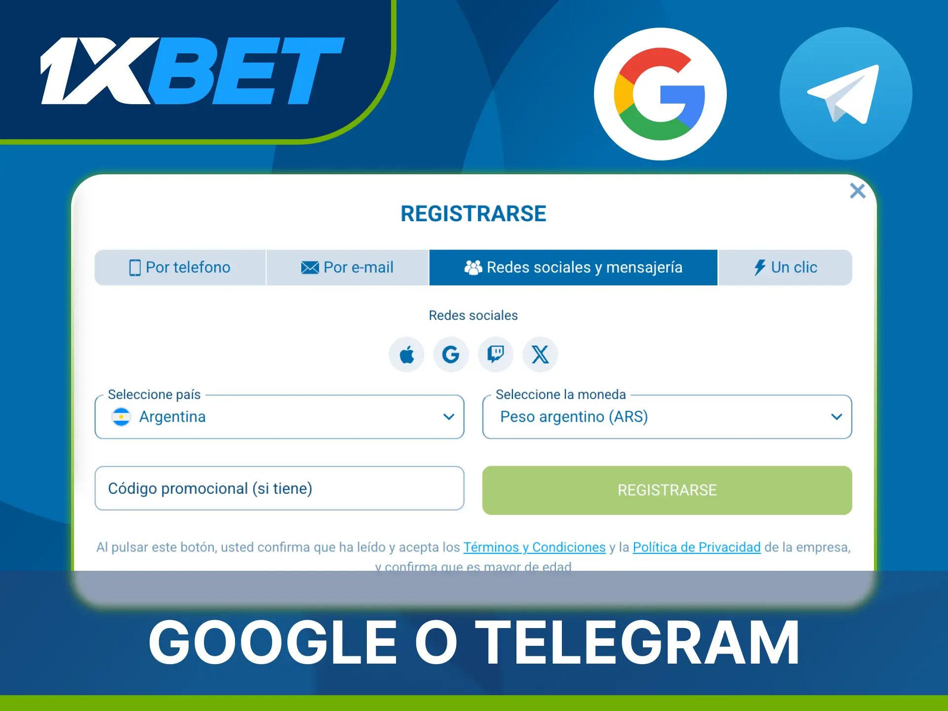 Conecta tus redes sociales favoritas para un rápido registro en 1xBet.