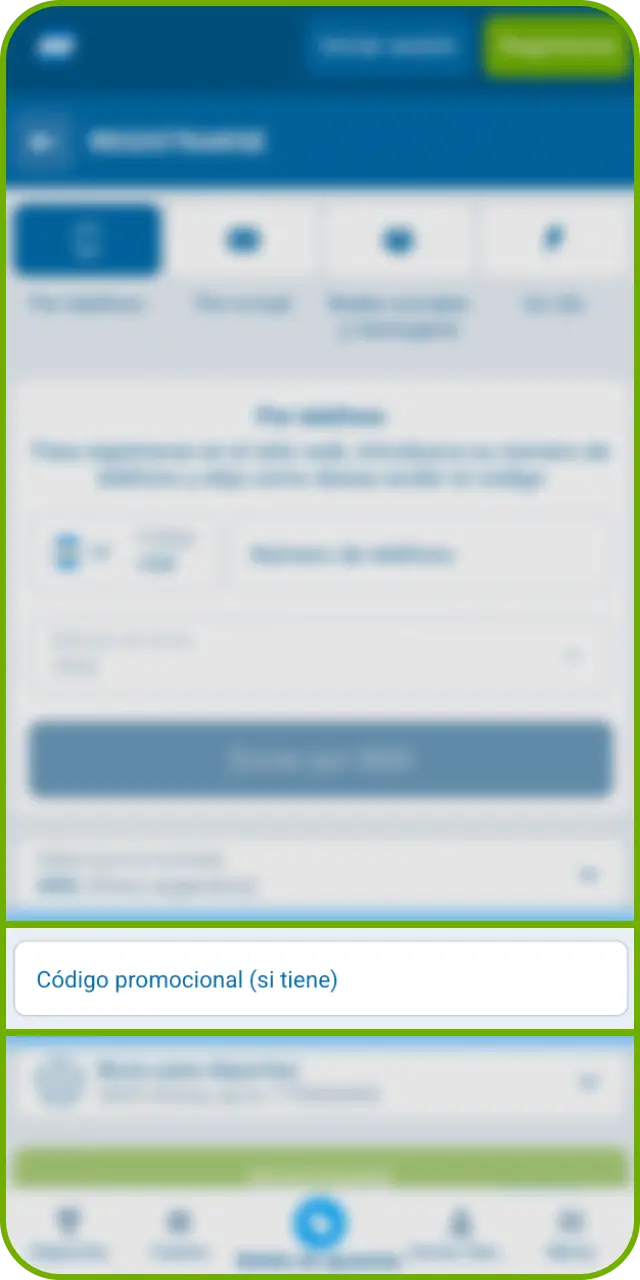 Introduce el código promocional en tu registro por teléfono con 1xBet.