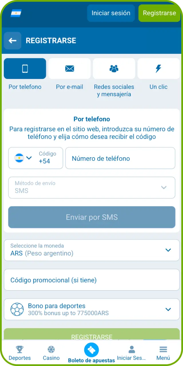 Completa tus datos principales mediante el registro por teléfono en la plataforma 1xBet.