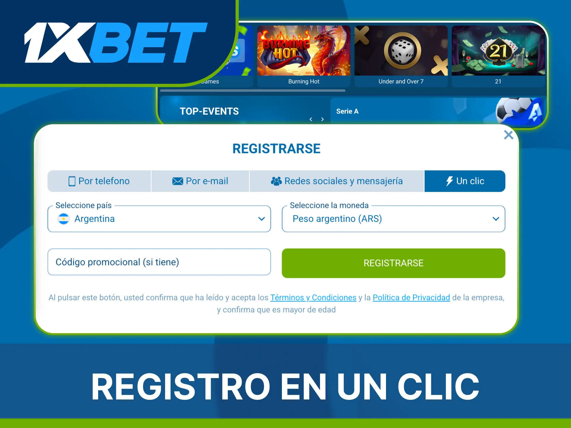 Crea tu cuenta con un solo clic y empieza a jugar en 1xBet.