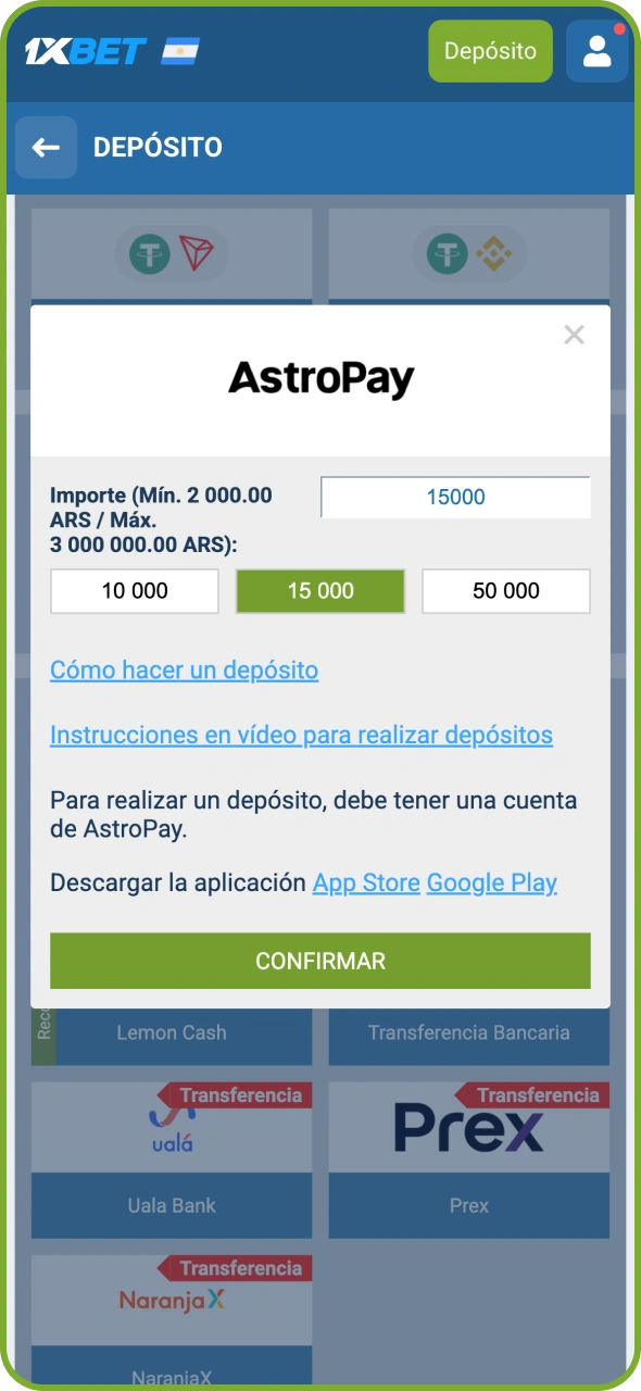 Recarga tu cuenta para jugar a Aviator en 1xBet.