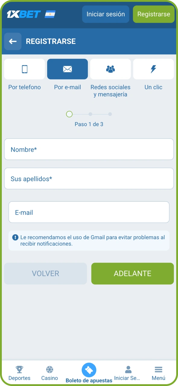 Rellena el formulario para completar tu registro en 1xBet.