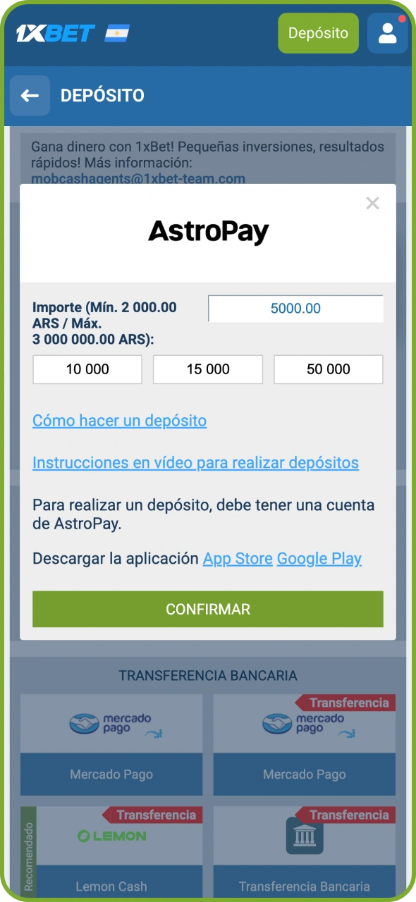 Dirígete a la sección de cajero de 1xBet para realizar tu primer depósito.