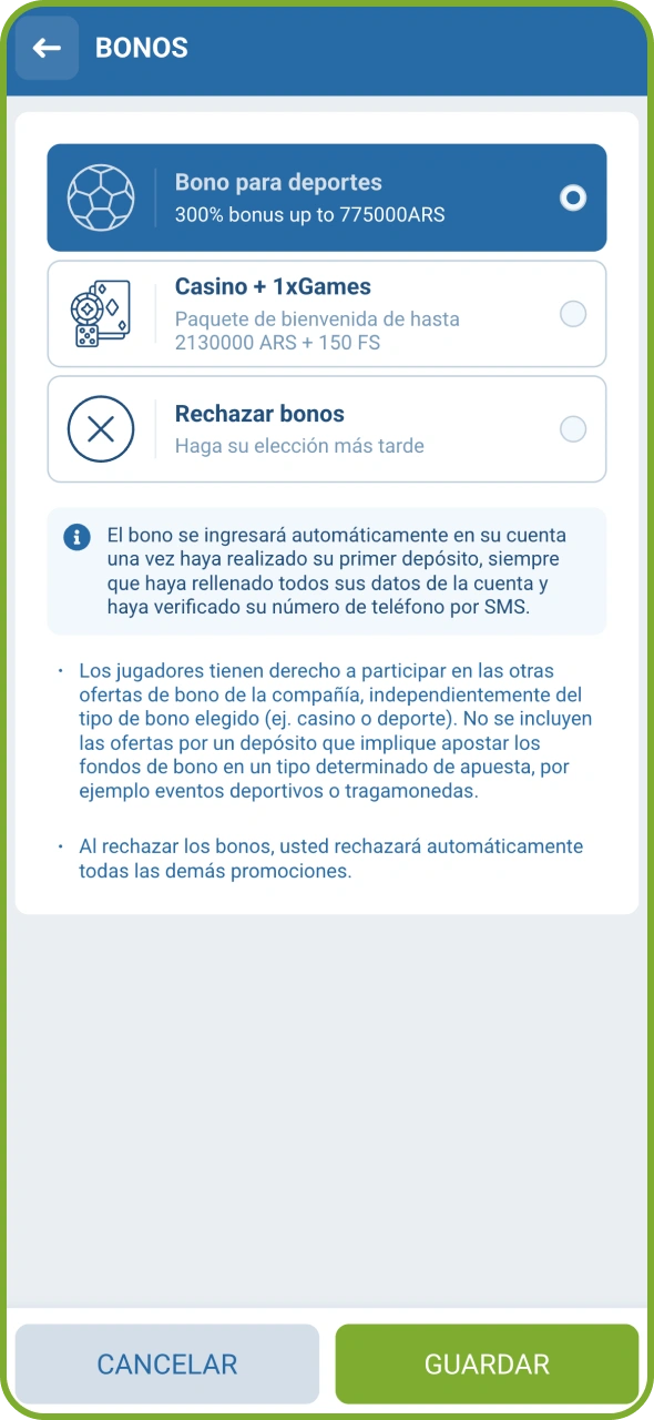 Elige un bono de bienvenida durante tu registro en 1xBet.