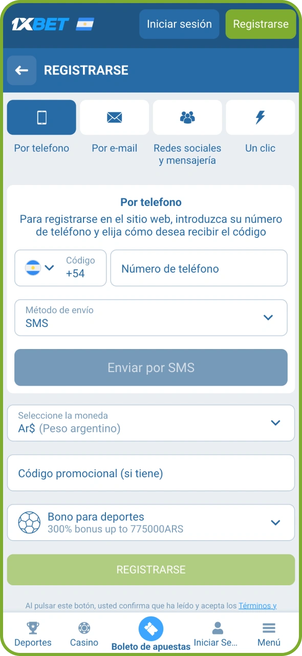 Comienza a registrar tu cuenta en la plataforma 1xBet.