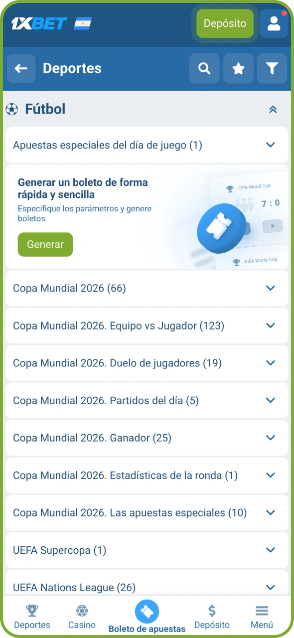 Abre la sección de deportes de 1xBet y selecciona fútbol.