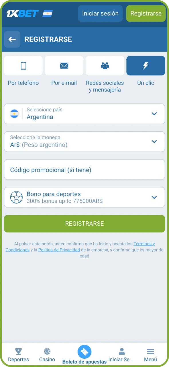 Crea una cuenta personal en la plataforma de apuestas 1xBet.