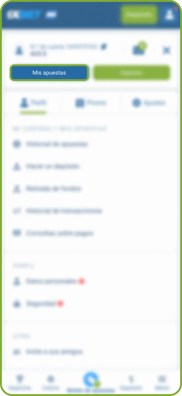 Abre la sección Mis apuestas para consultar el estado de tu boleto de 1xBet.