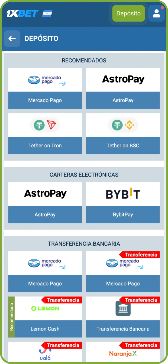 Elige el método con el que deseas depositar en 1xBet.