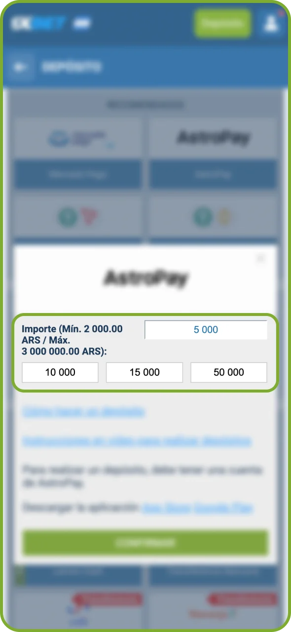 Introduce el importe del depósito en el formulario de 1xBet.
