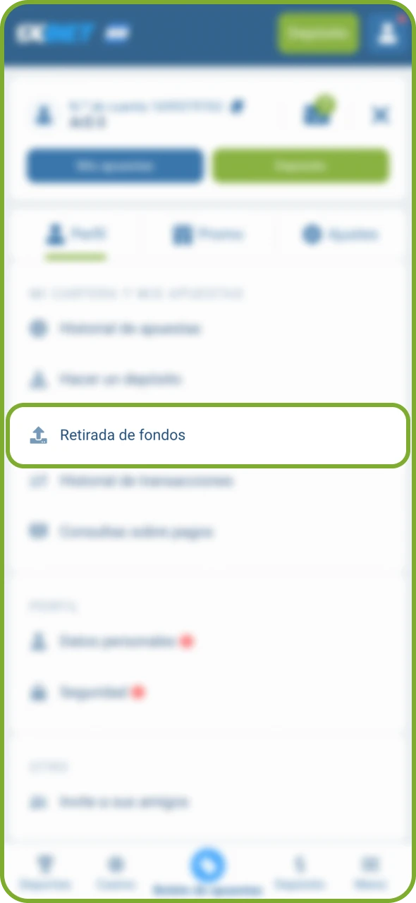 Inicia sesión en tu cuenta de 1xBet y ve a la sección de retiros.