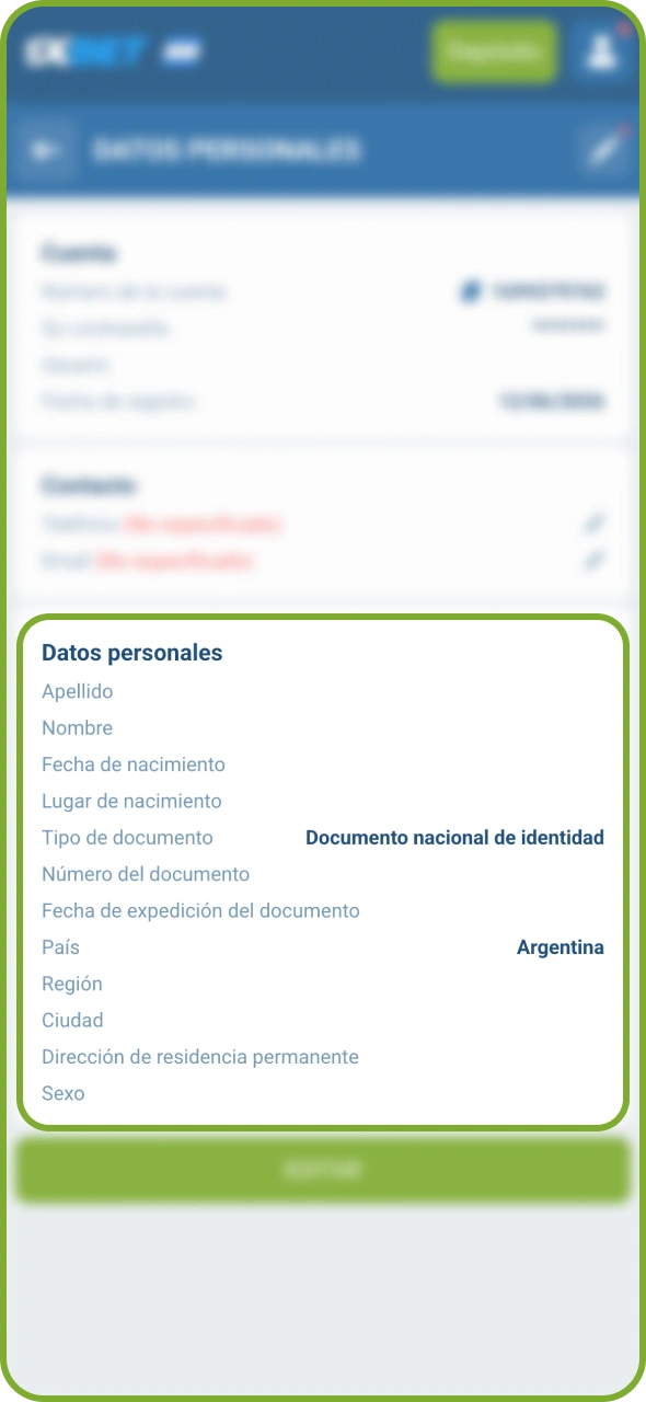 Ve a la configuración de tu cuenta para completar la verificación de 1xBet.