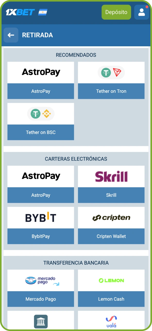 Elige el método para retirar tus ganancias en 1xBet.