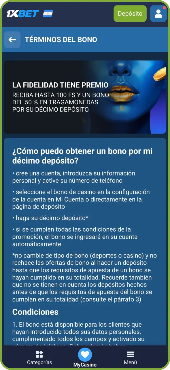 Elige un bono en 1xBet y acepta los términos.