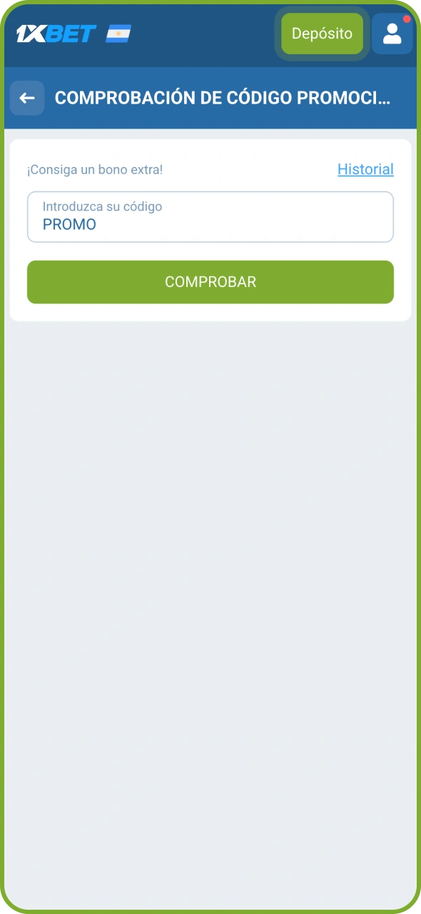 Introduce un código promocional en un campo especial en 1xBet.
