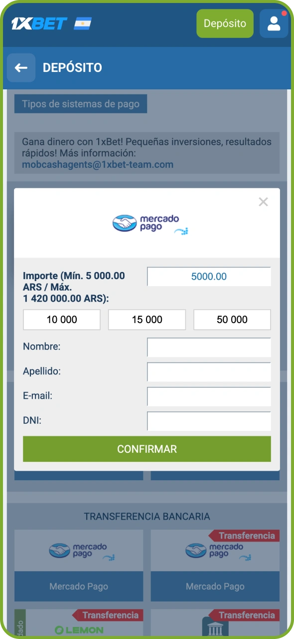Elige el método con el que deseas realizar tu depósito en 1xBet.