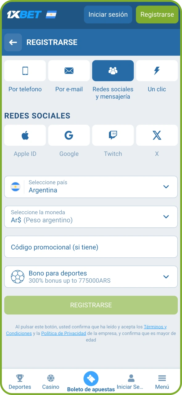 Crea una cuenta en la plataforma 1xBet para activar los bonos.