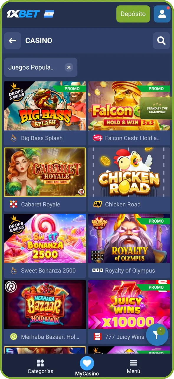 Dirígete a la sección de tragamonedas del casino 1xBet.
