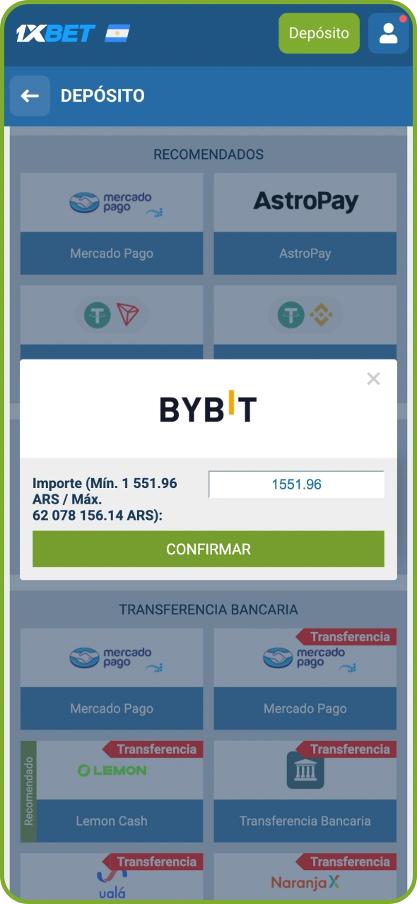 Elige un método de depósito para recargar tu cuenta de 1xBet.